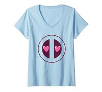 Womens Marvel Deadpool Valentine's Day Cute Heart Eyes Chest Logo V-Neck T-Shirt