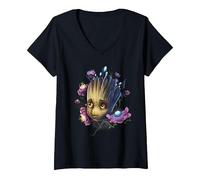 Women's Marvel Guardians of The Galaxy Groot Flowers V-Neck T-Shirt, Black, Large