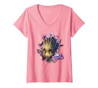 Women's Marvel Guardians of The Galaxy Groot Flowers V-Neck T-Shirt, Pink, Large