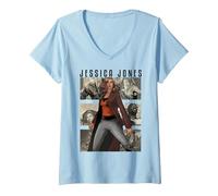 Women's Marvel Jessica Jones Stand Tall Among The Panels V-Neck T-Shirt, Baby Blue, Small
