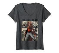 Women's Marvel Jessica Jones Stand Tall Among The Panels V-Neck T-Shirt, Dark Heather Grey, Medium