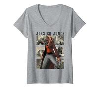 Women's Marvel Jessica Jones Stand Tall Among The Panels V-Neck T-Shirt, Heather Grey, Small