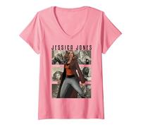 Women's Marvel Jessica Jones Stand Tall Among The Panels V-Neck T-Shirt, Pink, Medium