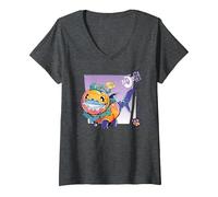 Women's Marvel Rivals Jeff The Land Shark Halloween Jeff O'Lantern V-Neck T-Shirt, Dark Heather Grey, X-Large
