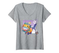 Women's Marvel Rivals Jeff The Land Shark Halloween Jeff O'Lantern V-Neck T-Shirt, Heather Grey, Large