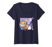 Women's Marvel Rivals Jeff The Land Shark Halloween Jeff O'Lantern V-Neck T-Shirt, Navy Blue, Medium