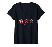 Womens Marvel Spider-Man Trio Christmas Coquette Cute Holiday Bows V-Neck T-Shirt
