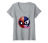 Women's Marvel Spiderman Half Spidey Half Venom Emoticon V-Neck T-Shirt, Heather Grey, Large