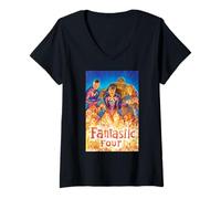 Womens Marvel Super Heroes Fantastic Four Painted Comic Art & Logo V-Neck T-Shirt