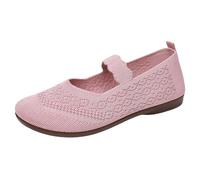 Womens Mary Jane Ballet Flats Knitted Slip On Walking Shoes Breathable Elastic Strap Dolly Pumps Lightweight Casual Dress Footwear Pink