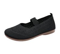 Womens Mary Jane Ballet Flats Knitted Slip On Walking Shoes Breathable Elastic Strap Dolly Pumps Lightweight Casual Dress Footwear Black