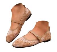 Women's Mary Jane Ballet Flats with Lace Inserts, Square Toe and a Uniform Design, Breathable Mesh, Ivory Casual Shoes, Lightweight Summer Shoes for Women, brown, 8 UK