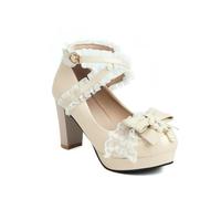 Womens Mary Jane Block Heel Pumps Lace Pearl Bow Wedding Party Shoes | Chunky heel platform dress shoes, cross ankle strap pumps, sweet vintage footwear, ladies bow heels