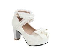 Womens Mary Jane Block Heel Pumps Lace Pearl Bow Wedding Party Shoes | Chunky heel platform dress shoes, cross ankle strap pumps, sweet vintage footwear, ladies bow heels