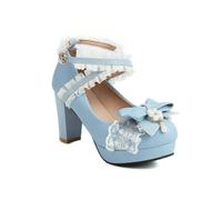Womens Mary Jane Block Heel Pumps Lace Pearl Bow Wedding Party Shoes | Chunky heel platform dress shoes, cross ankle strap pumps, sweet vintage footwear, ladies bow heels