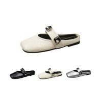 Women's Mary Jane Flats, Classic Leather Square Toe Flat Half Slippers, Ladies Casual Lightweight Soft Cushioned Slip On Dress Shoes with Buckle Strap All-Day Comfort Size 4.5 Beige