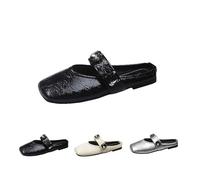 Women's Mary Jane Flats, Classic Leather Square Toe Flat Half Slippers, Ladies Casual Lightweight Soft Cushioned Slip On Dress Shoes with Buckle Strap All-Day Comfort Size 6 Black