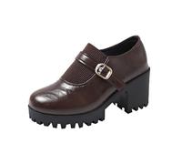 Women's Mary Jane Heels Ankle Buckle Platform Sole Chunky Lug Sole Pumps,Brown,5