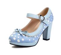 Women's Mary Jane Heels Chunky Platform Pumps Cute Strawberry Print Polka Dot Colour Block Bow Decor Retro Lolita Style Comfort Dress Shoes for Cosplay Party Daily Wear Casual, blue, 6 UK