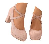 Women's Mary Jane Heels, Closed Toe Block Mid High Court Shoes, Crisscross Ankle Strap Platform Comfort Pumps for Formal Smart Work Party Footwear (6) Pink