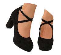 Women's Mary Jane Heels, Closed Toe Block Mid High Court Shoes, Crisscross Ankle Strap Platform Comfort Pumps for Formal Smart Work Party Footwear (Black, 6.5)