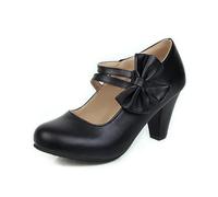 Womens Mary Jane Heels for Work 3 Inch Chunky Heels Close Round Pumps Shoes with Bow Ankle Strap Black