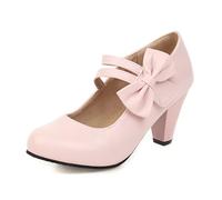 Womens Mary Jane Heels for Work 3 Inch Chunky Heels Close Round Pumps Shoes with Bow Ankle Strap Pink