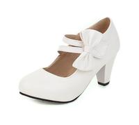 Womens Mary Jane Heels for Work 3 Inch Chunky Heels Close Round Pumps Shoes with Bow Ankle Strap White