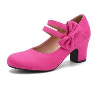 Women's Mary Jane Heels with Bow Retro Closed Round Toe Pumps Sweet Ankle Strap Low Block Chic Bowtie Vintage Dress Wedding Party Office Daily Shoes Hot Pink Suede 6.5