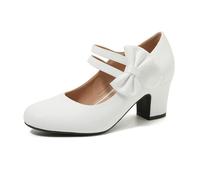 Women's Mary Jane Heels with Bow Retro Closed Round Toe Pumps Sweet Ankle Strap Low Block Chic Bowtie Vintage Dress Wedding Party Office Daily Shoes White Matte 6.5