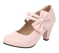 Women's Mary Jane Heels with Chic Bow, Retro Block Heels Closed Round Toe Pump Shoes Vintage Chunky Comfortable Dress Lolita Shoes (3,Pink)