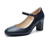 Women's Mary Jane Pumps, Block Heel, Round Toe, Ankle Strap with Buckle, 2.48 Inch Office Church Dress Shoes, Matte Navy Blue, 3 UK