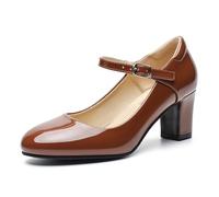 Women's Mary Jane Pumps, Block Heel, Round Toe, Ankle Strap with Buckle, 2.48 Inch Office Church Dress Shoes, Patent Brown, 6 UK