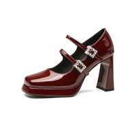Women's Mary Jane Pumps - Chunky Heel Square Toe Patent Leather Ankle Buckle Wedding Shoes for Bride Bridesmaid Guest - Size 4-8,Burgundy,5 UK