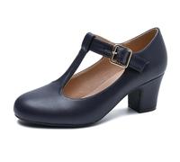 Women's Mary Jane Pumps T-Strap Block Chunky High Heels Ankle Strap Buckle Comfortable Wedding Dress Evening Party Shoes Navy Blue Matte 5.5