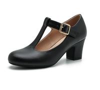 Women's Mary Jane Pumps T-Strap Block Chunky High Heels Ankle Strap Buckle Comfortable Wedding Dress Evening Party Shoes Black Matte 6.5