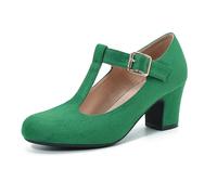 Women's Mary Jane Pumps T-Strap Block Chunky High Heels Ankle Strap Buckle Comfortable Wedding Dress Evening Party Shoes Green Suede 11.5