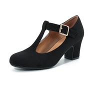 Women's Mary Jane Pumps T-Strap Block Chunky High Heels Ankle Strap Buckle Comfortable Wedding Dress Evening Party Shoes Black Suede 5.5