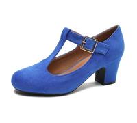 Women's Mary Jane Pumps T-Strap Block Chunky High Heels Ankle Strap Buckle Comfortable Wedding Dress Evening Party Shoes Royal Blue Suede 9.5