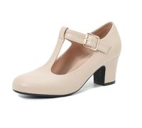 Women's Mary Jane Pumps T-Strap Block Chunky High Heels Ankle Strap Buckle Comfortable Wedding Dress Evening Party Shoes Nude Matte 7.5