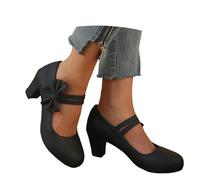 Women's Mary Jane Pumps with Bow Detail and Block Heel - Closed Women's Shoes with Strap Clip and Decorative Bow on the Front Leaf Elegant Retro Look, Style E01 Black, 8 UK