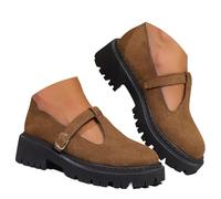 Women's Mary Jane Shoes, Classic T-Strap Ballet Flats PU Leather Penny Loafers Slip On Dressy Shoes for Office Work (Brown,38EU)