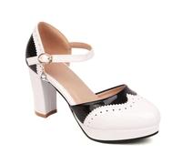 Women's Mary Jane Shoes Colorblock Closed Round Toe Chunky Heel with Ankle Strap Buckle Party Wedding Pumps (Black,7)