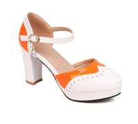 Women's Mary Jane Shoes Colorblock Closed Round Toe Chunky Heel with Ankle Strap Buckle Party Wedding Pumps (Orange,4)