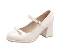 Women's Mary Jane Shoes Comfortable Low Heels Round Toe Dress Pumps for Work Wedding, Closed Toe Chunky Mary Jane Heel with Adjustable Ankle Strap White