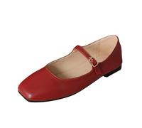 Women's Mary Jane Shoes Comfortable Square Toe Flats Buckle Strap Ballet Flats Comfortable Leather Dress Shoes (Color : Red, Size : 8 UK)