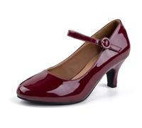 Women's Mary Jane Shoes Kitten Heel Closed Round Toe Low Heels Ankle Strap Office Work Church Wedding Pumps, Wine Red Patent, 7 UK