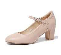 Women's Mary Jane Shoes Low Block Heel Round Toe Dress Office Work Church Pumps, Matte Nude, 4.5 UK
