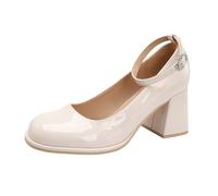 Women's Mary Jane Shoes Low Heels Dress Pumps for Work Wedding, 2 Inch Closed Round Toe Chunky Heel with Adjustable Ankle Strap White