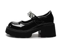 Women's Mary Jane Shoes Platform Buckle Strap Shallow Mouth Ladies Chunky Heel Shoes Round Toe Rhinestone Girls Gothic Lolita Shoes Size 1-9 UK (4,Black)